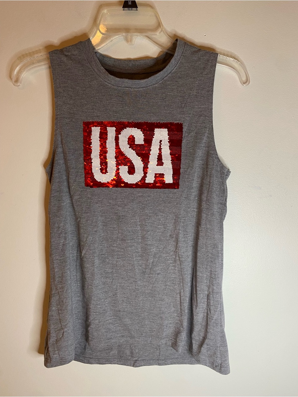 Modern Lux Gray Tank with Red & White Sequin USA Graphic
